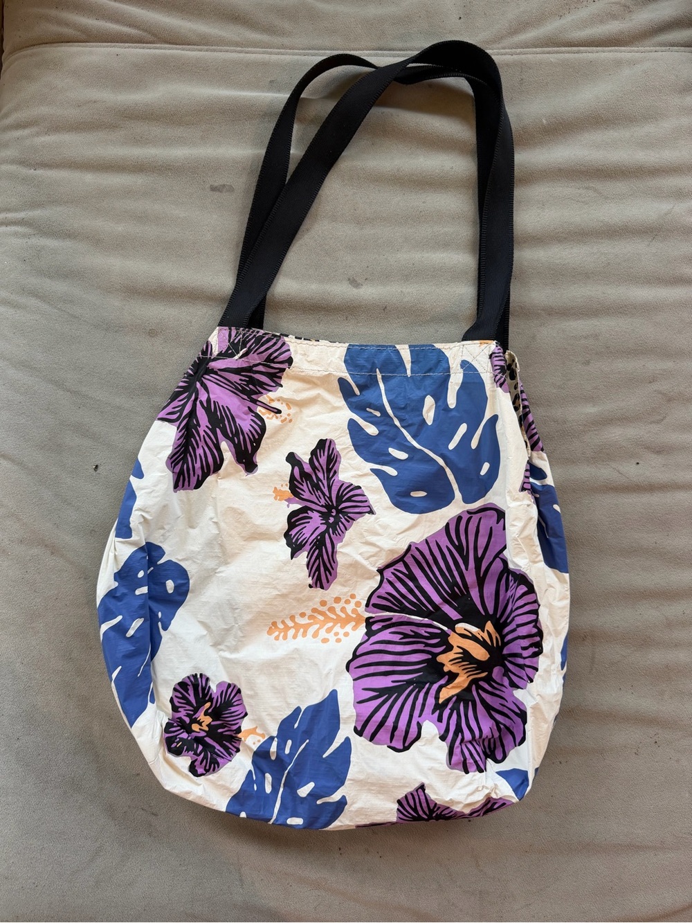 ALOHA Collection Purple & Blue Tropical Canvas Tote with Black Straps